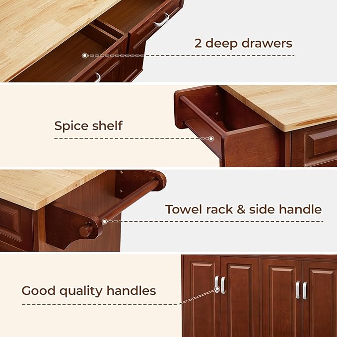 54“ Large Kitchen Island with Storage, Kitchen Cart on Wheels with 2 Large Drawers, Adjustable Shelf Inside Cabinet, Spice Rack & Towel Rack, Simple Design Rolling Island Table for Kitchen - LeafyLoom