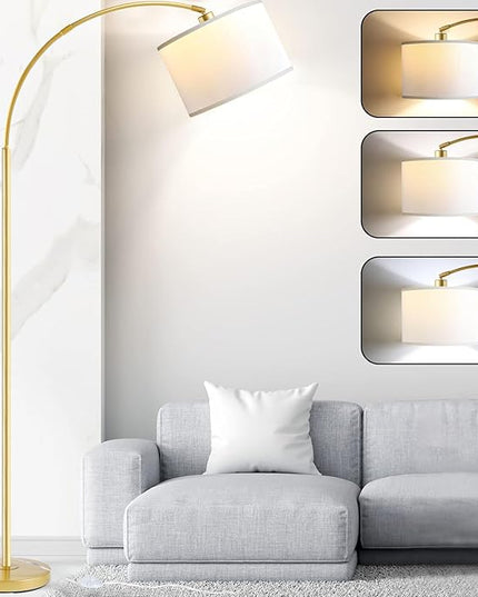 Arc Floor Lamps for Living Room, Modern Standing Lamp Gold Tall Lamp with White Drum Shade, Over Couch Arched Reading Light for Bedroom, Office - LeafyLoom