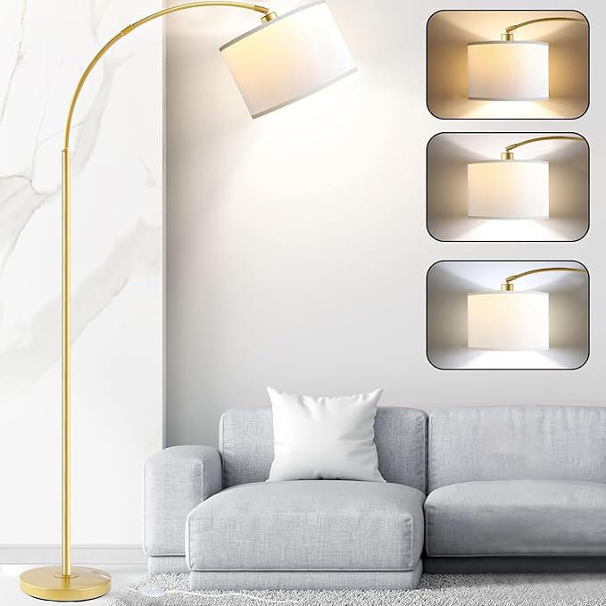 Arc Floor Lamps for Living Room, Modern Standing Lamp Gold Tall Lamp with White Drum Shade, Over Couch Arched Reading Light for Bedroom, Office - LeafyLoom