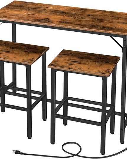 HOOBRO Bar Table Set with Power Outlet, 39.4“ Bar Table and Chairs Set, 3-Piece Pub Table Set for Small Space, Kitchen Bar Height Table with Stools of 2, Easy to Assemble, Rustic Brown BF45UBT01 - LeafyLoom