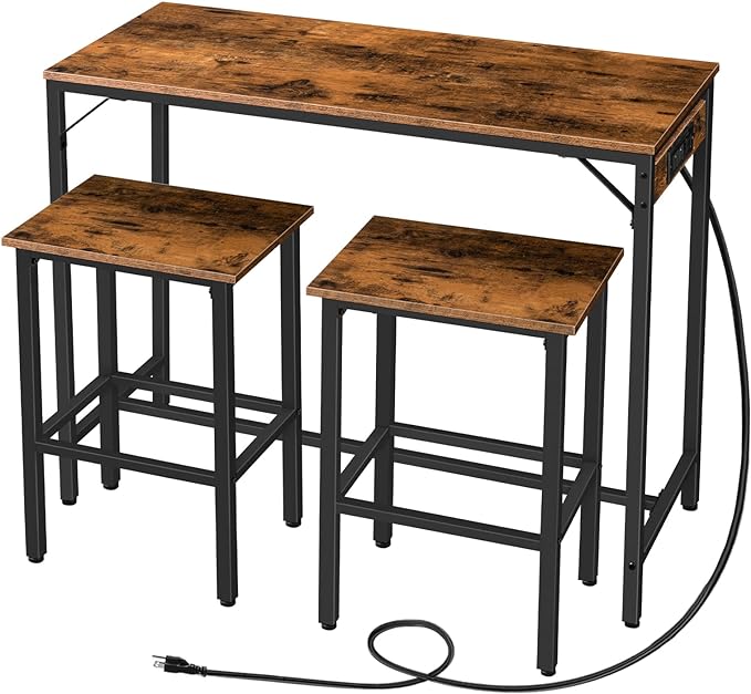 HOOBRO Bar Table Set with Power Outlet, 39.4“ Bar Table and Chairs Set, 3-Piece Pub Table Set for Small Space, Kitchen Bar Height Table with Stools of 2, Easy to Assemble, Rustic Brown BF45UBT01 - LeafyLoom