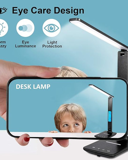 LAOPAO LED Desk Lamp with Wireless Charger, USB Charging Port, Adjustable & Foldable with Clock, Alarm, Date, Temperature, 5-Level Dimmable Lighting, for Office with Adapter - LeafyLoom