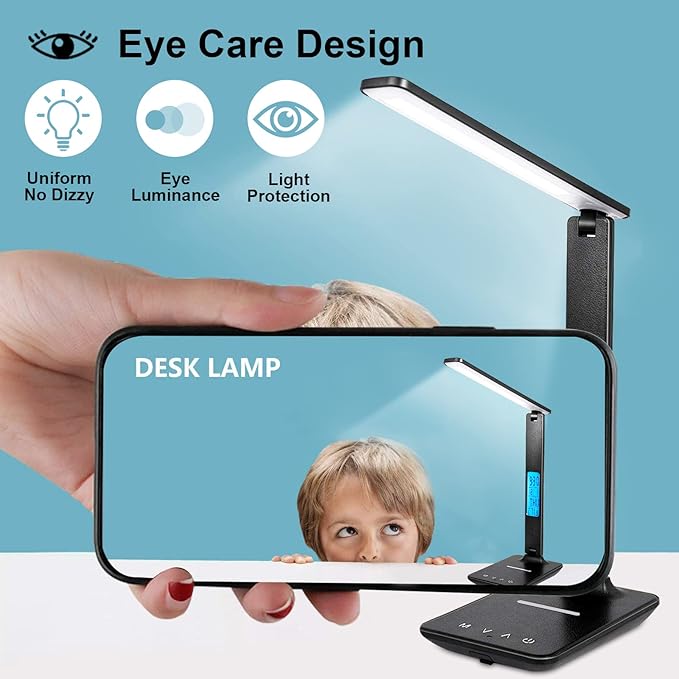 LAOPAO LED Desk Lamp with Wireless Charger, USB Charging Port, Adjustable & Foldable with Clock, Alarm, Date, Temperature, 5-Level Dimmable Lighting, for Office with Adapter - LeafyLoom