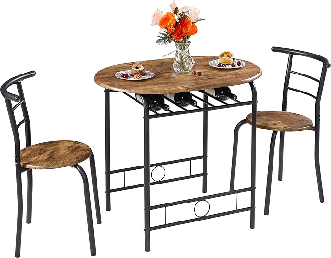 VECELO 3 Piece Small Round Dining Table Set for Kitchen Breakfast Nook, Wood Grain Tabletop with Wine Storage Rack, Save Space, 31.5", Antique & Black - LeafyLoom