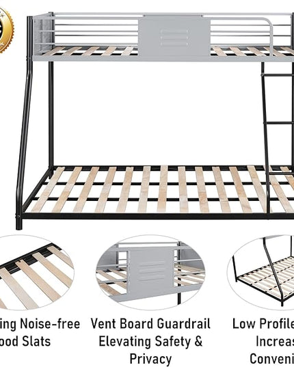 Metal Twin Over Full Bunk Bed, Heavy-Duty Sturdy Metal Frame with Safety Vent Board Guardrail, Low Bunk Beds for Kids, Teens, Adults, No Box Spring Needed - LeafyLoom