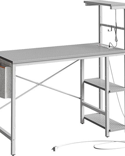 Bestier Gaming Desk with Power Outlets, 44 Inch Led Gamer Desk with 4 Tiers Reversible Shelves, PC Gaming Table with Headset Hook & Side Storage Bag for Bedroom (Grey 3D Carbon Fiber) - LeafyLoom