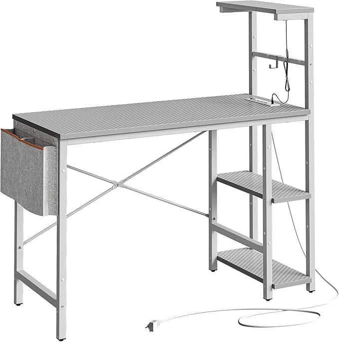 Bestier Gaming Desk with Power Outlets, 44 Inch Led Gamer Desk with 4 Tiers Reversible Shelves, PC Gaming Table with Headset Hook & Side Storage Bag for Bedroom (Grey 3D Carbon Fiber) - LeafyLoom