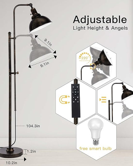 PARTPHONER Industrial Floor Lamp Adjustable, Rustic Farmhouse Reading Lamp in Aged Black Finish, Modern Standing Lamp with Remote Control Metal Shade for Living Room Bedroom Study Room Office Hotel - LeafyLoom