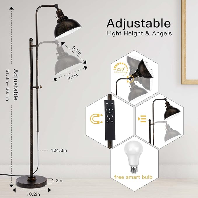 PARTPHONER Industrial Floor Lamp Adjustable, Rustic Farmhouse Reading Lamp in Aged Black Finish, Modern Standing Lamp with Remote Control Metal Shade for Living Room Bedroom Study Room Office Hotel - LeafyLoom