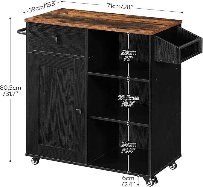 HOOBRO Kitchen Island, Storage Cabinet with Drawer, Kitchen Cart with Spice and Towel Rack, Saving Space, Easy Assembly, for Living Room, Rustic Brown and Black FB12ZD01 - LeafyLoom