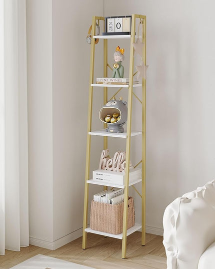 Ladder Shelf, Bookshelf Bookcase, Freestanding Corner Storage Shelve with 2 Hooks for Home Office, Living Room, Kitchen, Bedroom, Industrial, 5-Tier White Gold BC03213G - LeafyLoom