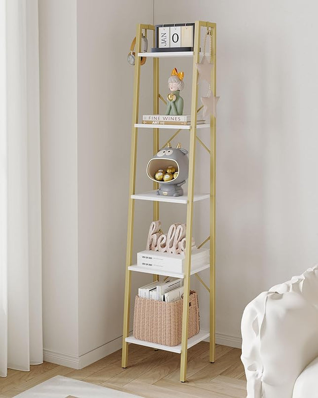 Ladder Shelf, Bookshelf Bookcase, Freestanding Corner Storage Shelve with 2 Hooks for Home Office, Living Room, Kitchen, Bedroom, Industrial, 5-Tier White Gold BC03213G - LeafyLoom