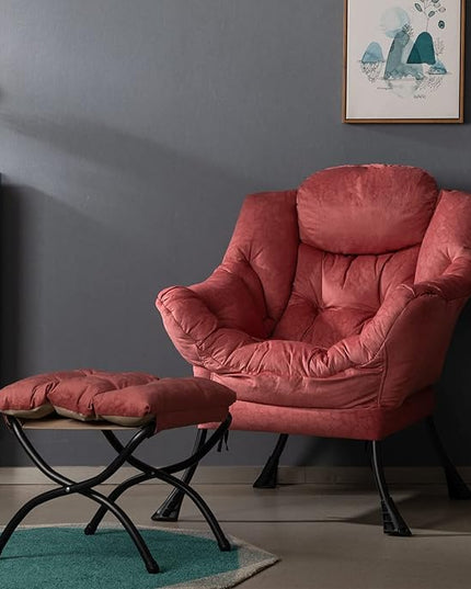 HollyHOME Fabric Lazy Chair with Foldable Ottoman, Accent Comfy Lounge Arm Chair and Folding Footrest Stool Set, Leisure Sofa Reading Chair and Footstool for Living Room, Bedroom, Dorm, Brick Red - LeafyLoom