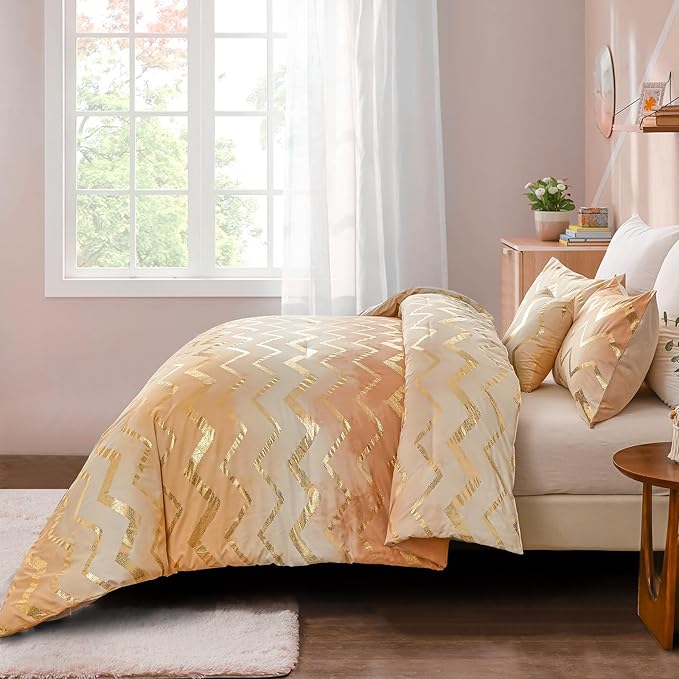 Ombre Beige Comforter Set Queen Size Girls Bedding Soft Microfiber Comforter for Kids Teen Women,4 Pieces (1 Comforter,2 Pillowcase,1 Decorative Pillow Sham) - LeafyLoom