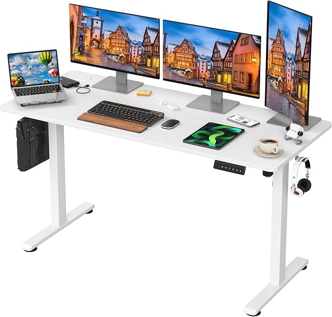 STARY Electric Memory Preset 55 x 24 Inches Adjustable Height Computer Workstation Sit Stand Home Office Desk with Splice Board, 5524, White Desktop/White Frame - LeafyLoom
