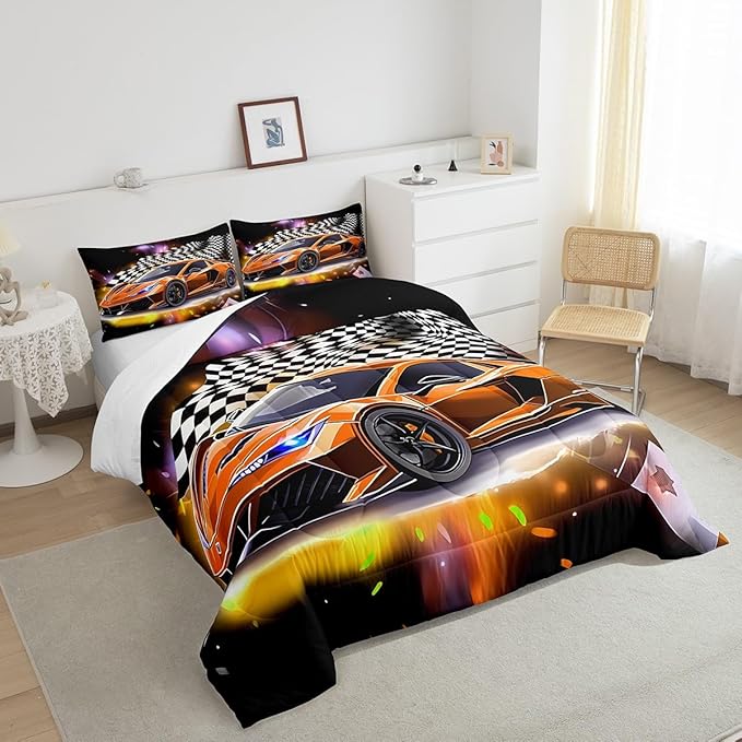 Feelyou Sports Car Comforter Set Queen, Orange Racing Car Bedding Set 3pcs for Kids Boys Teens Bedroom Cool Speed Luxury Car Decor, Black White Plaid Grid Print Quilt Set with 2 Pillowcases - LeafyLoom