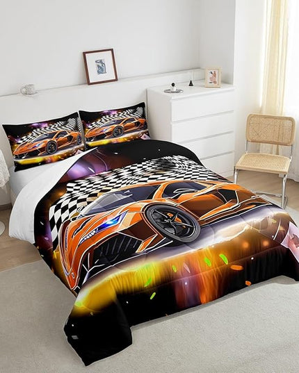 Feelyou Sports Car Comforter Set King Size, Orange Racing Car Bedding Set 3pcs for Kids Boys Teens Bedroom Cool Speed Luxury Car Decor, Black White Plaid Grid Print Quilt Set with 2 Pillowcases - LeafyLoom