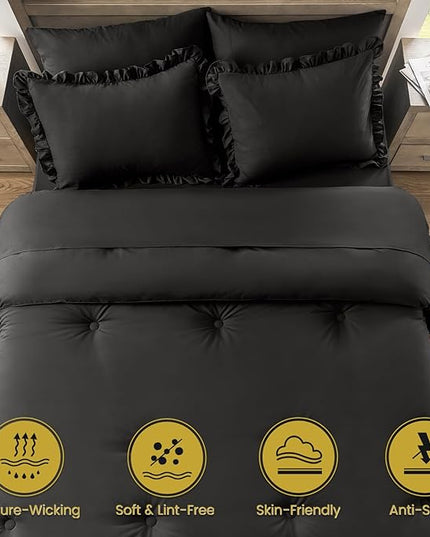 Twin Bed in a Bag 5 Pieces Comforter Set Twin, Ruffle Shabby Chic Bedding Comforter Set Black Bed Set with Comforter, Pillowcase, Flat Sheet, Fitted Sheet and Pillow Sham - LeafyLoom