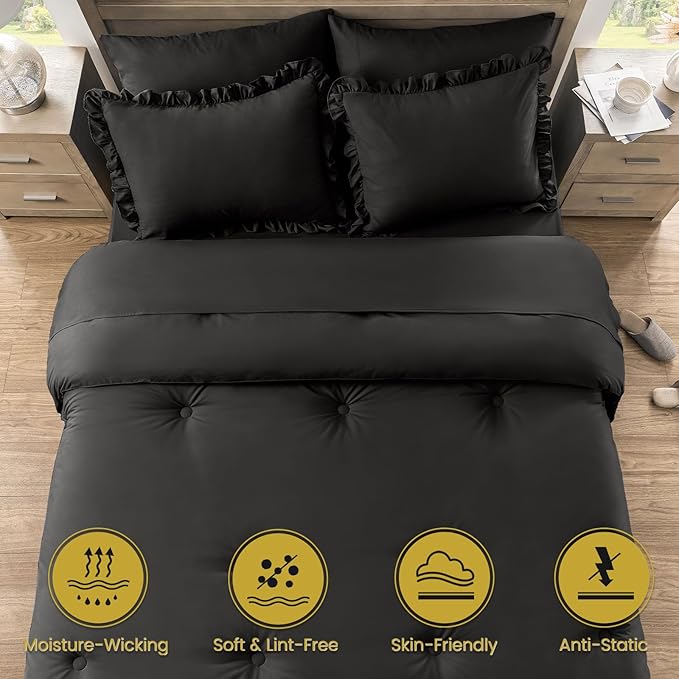 Queen Bed in a Bag 7 Pieces Comforter Set Queen, Ruffle Bedding Comforter Set Black Bed Set with Comforter, Pillowcases, Flat Sheet, Fitted Sheet and Pillow Shams - LeafyLoom