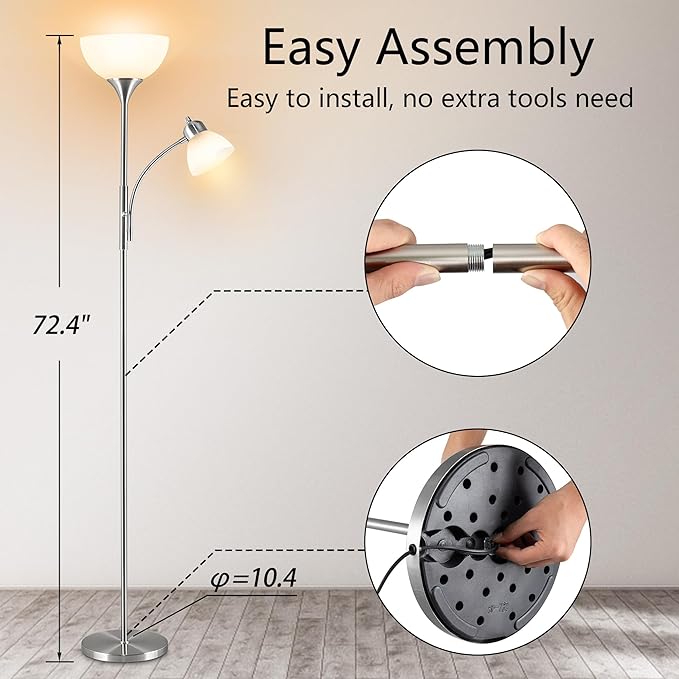 Floor Lamp, Dimmable Standing lamp, 3 Levels Dimmable Brightness, Included 9W and 5W LED Bulbs, Industrial Floor Lamp for Living Room, Bedroom, Office, Reading - LeafyLoom