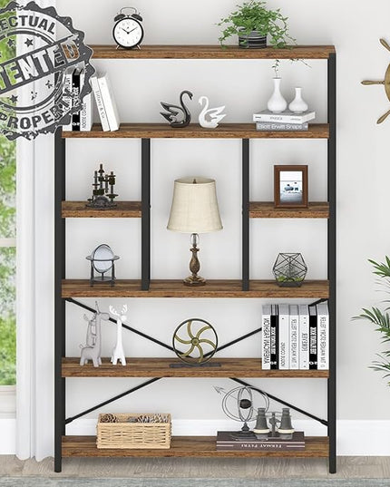 LVB Rustic Bookcases and Book Shelves, Metal Wood 6 Tier Bookshelf and Book Rack Storage, Industrial Vertical Display Etagere Book Case 6 Shelf, Vintage Large Book Shelf for Bedroom Living Room, Brown - LeafyLoom