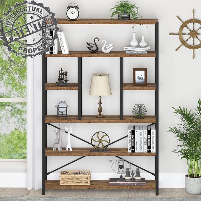 LVB Rustic Bookcases and Book Shelves, Metal Wood 6 Tier Bookshelf and Book Rack Storage, Industrial Vertical Display Etagere Book Case 6 Shelf, Vintage Large Book Shelf for Bedroom Living Room, Brown - LeafyLoom