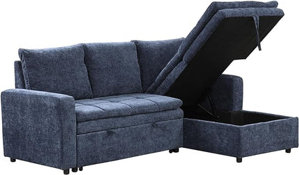 89'' L Shaped Upholstered Convertible Sleeper Sectional Sofa with Storage Chaise and Pull-Out Bed, 3-Seat Reversible Corner Couches for Living Rooms, Offices, Apartment, Blue, 89 Inch - LeafyLoom