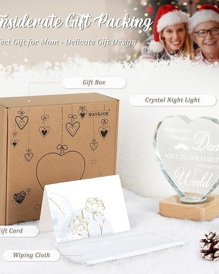 Birthday Gift To My Dad, 3D Heart Shape Crystal Plaque, Engraved Night Light Lamp Presents for Dad, Best Dad Ever, 3D LED BOX Birthday Thank You Gifts with 100% Solid Wooden Base Greeting Card - LeafyLoom