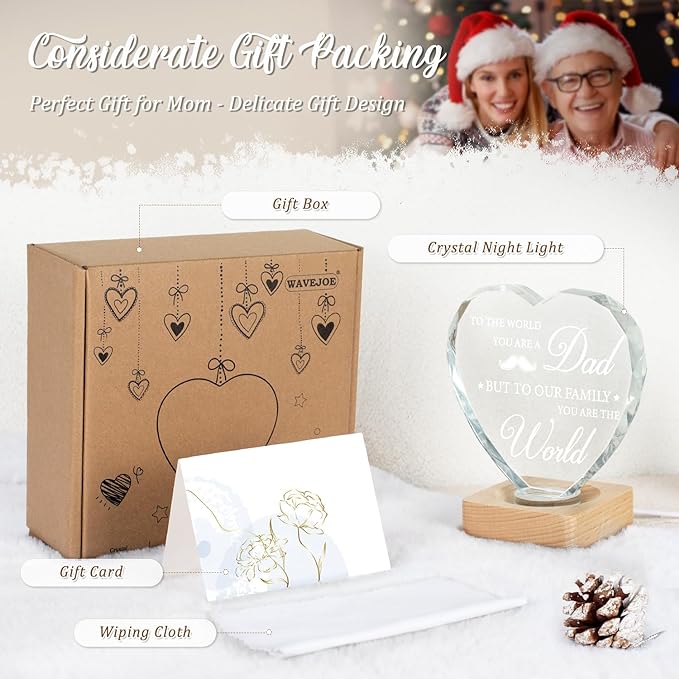 Birthday Gift To My Dad, 3D Heart Shape Crystal Plaque, Engraved Night Light Lamp Presents for Dad, Best Dad Ever, 3D LED BOX Birthday Thank You Gifts with 100% Solid Wooden Base Greeting Card - LeafyLoom