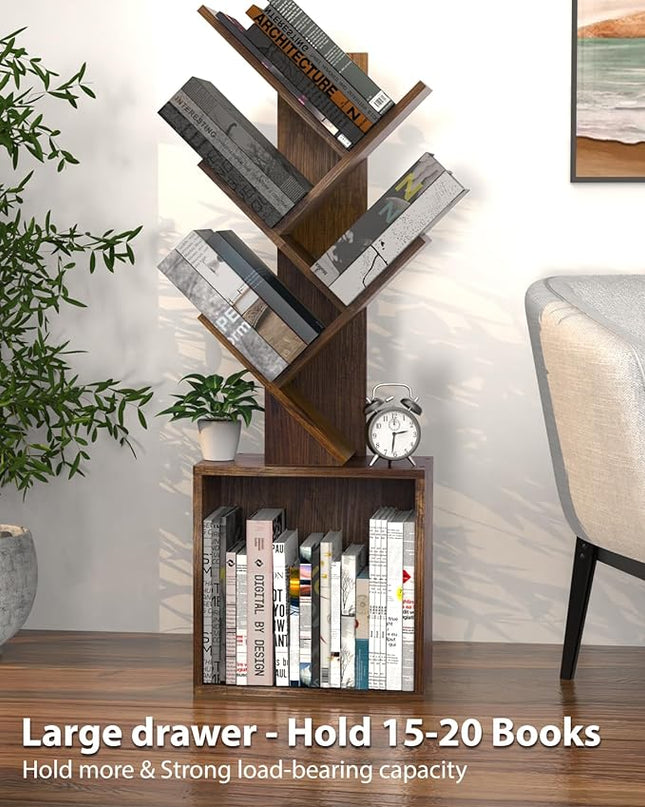 Ochine Tree Bookshelf, 5 Tier Small Bookcase with Large Drawer, Tall Wood Narrow Bookshelves Organizer for CDs/Movies/Books, Floor Standing Book Shelf for Bedroom, Living Room, Home Office - LeafyLoom