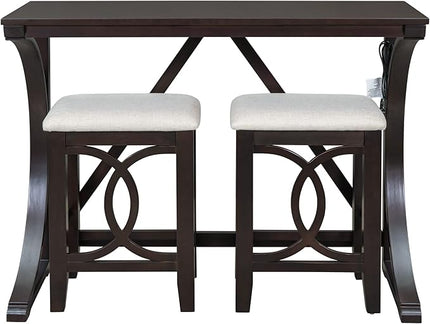 Farmhouse Style Counter Height 2 Upholstered Stools, Rustic Bar Built-in USB, Easy Assembly & Care, Room, Small Place, Apartment, 3 Piece Dining Table Set, Espresso 34 - LeafyLoom