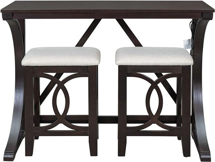 NicBex Kitchen Table for 2 Dining Table 3-Piece Counter Height Dining Table Set with USB Port and Upholstered Stools for Home, Kitchen, Dining Room, Wooden Frame, Espresso - LeafyLoom