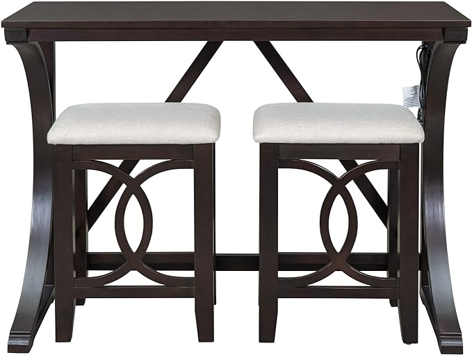 NicBex Kitchen Table for 2 Dining Table 3-Piece Counter Height Dining Table Set with USB Port and Upholstered Stools for Home, Kitchen, Dining Room, Wooden Frame, Espresso - LeafyLoom