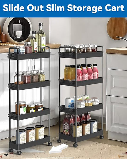 2 Pack 4 Tier Slim Storage Cart, Bathroom Organizer Laundry Room Organization Mobile Shelving Unit Slide Out Utility Rolling Rack with Wheels for Kitchen Garage Office Small Apartment Narrow Space - LeafyLoom
