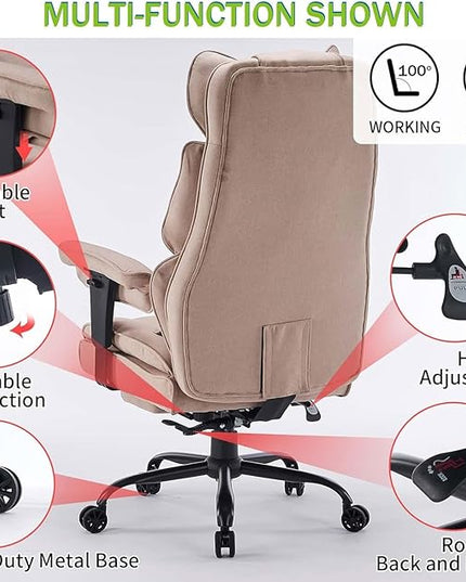 Fabric Office Chair, Big and Tall Office Chair 400 lb Weight Capacity, High Back Executive Office Chair with Foot Rest, Ergonomic Office Chair for Back Pain Relief, Beige - LeafyLoom