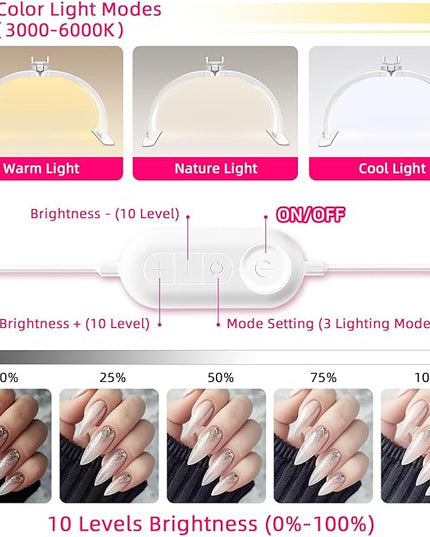 Half Moon Light for Nail Desk, Foldable 29" Nail Light for Desk, 180° Ultra-bright Nail Tech Desk Lamp, Portable Half Moon Lamp with Phone Holder & Organizer Bag - Sliver Diamond - LeafyLoom