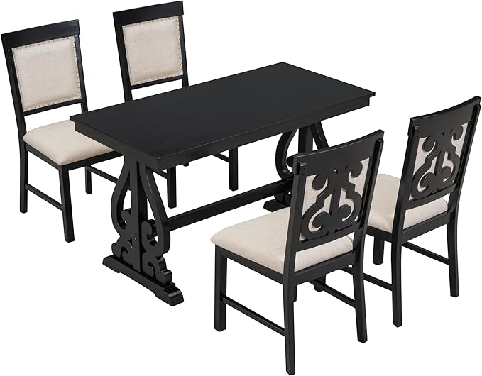 5-Piece Retro Style Set with Unique Legs and Backrest, Rectangular Wooden Dining Table and 4 Upholstered Chairs Furniture for Kitchen Room, Black, 52" L x 26" W x 30" H - LeafyLoom