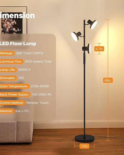 36W LED Tree Floor Lamp, Modern Dimmable Standing Lamp with Remote & Touch Control, 4 Color Temperatures, 3 Rotatable LED Light Floor Lamps for Living Room, Bedroom, Office - LeafyLoom