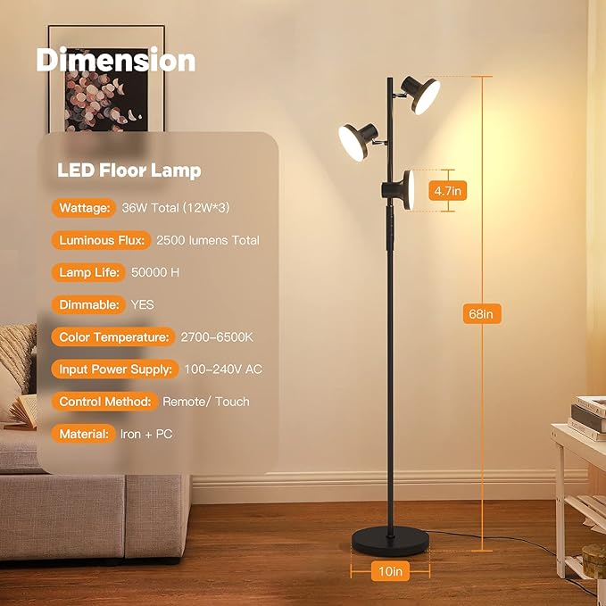 36W LED Tree Floor Lamp, Modern Dimmable Standing Lamp with Remote & Touch Control, 4 Color Temperatures, 3 Rotatable LED Light Floor Lamps for Living Room, Bedroom, Office - LeafyLoom
