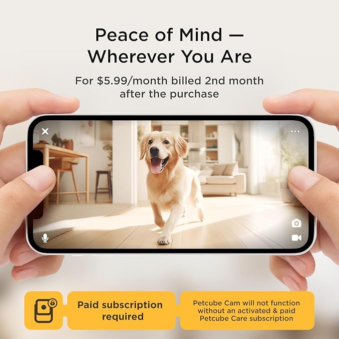 Petcube Cam and Care Coverage Subscription | Indoor Wi-Fi Pet and Security Camera with Phone App, Cats and Dogs Monitor with 2-Way Audio and Video, Night Vision Petcube
