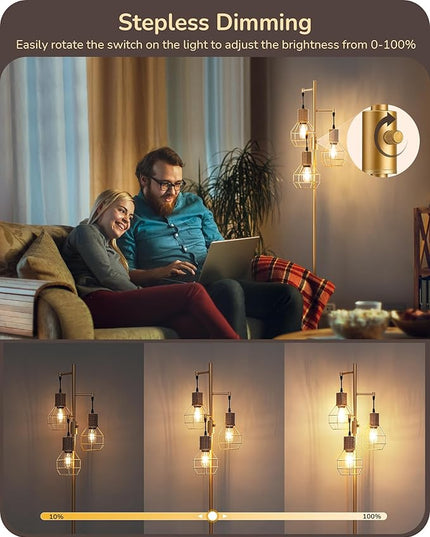 EDISHINE Dimmable Farmhouse Floor Lamp for Living Room, Industrial Standing Lamp with 3 LED Edison Bulbs, Corner Rustic Rattan Tall Tree Reading Lamps Home Decor for Bedroom, Office, Gold - LeafyLoom