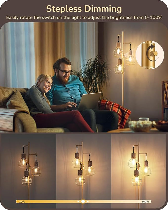 EDISHINE Dimmable Farmhouse Floor Lamp for Living Room, Industrial Standing Lamp with 3 LED Edison Bulbs, Corner Rustic Rattan Tall Tree Reading Lamps Home Decor for Bedroom, Office, Gold - LeafyLoom