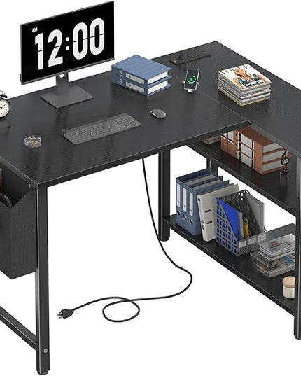 Black L Shaped Gaming Computer Desk with Power Outlet Shelves, 40 Inch Small Corner Desk for Small Space Home Office, Study Work PC Desks for Bedroom, Black - LeafyLoom