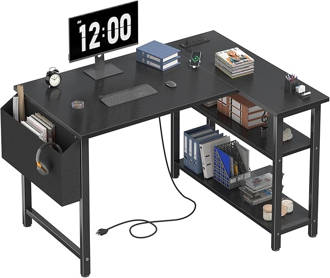 Black L Shaped Gaming Computer Desk with Power Outlet Shelves, 40 Inch Small Corner Desk for Small Space Home Office, Study Work PC Desks for Bedroom, Black - LeafyLoom