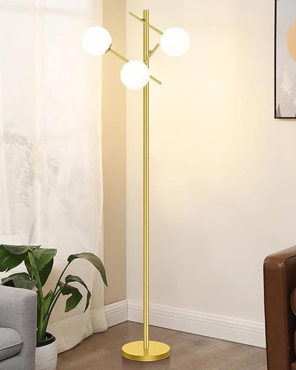 Dimmable Floor Lamp for Living Room, 67” Gold Standing Lamp with 3 Globe Glass Shade, Modern Tall Lamp, Adjustable 3-Light Tree Pole Lamp, Brass Corner Lamp for Bedroom Office Hotel, 3 Bulbs Included - LeafyLoom