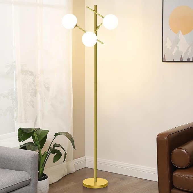 Dimmable Floor Lamp for Living Room, 67” Gold Standing Lamp with 3 Globe Glass Shade, Modern Tall Lamp, Adjustable 3-Light Tree Pole Lamp, Brass Corner Lamp for Bedroom Office Hotel, 3 Bulbs Included - LeafyLoom