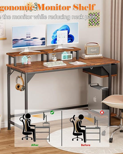 Furologee Computer Desk with Shelves and Fabric Drawer, 47" Home Office Gaming Desk with Monitor Stand, Reversible Study Writing Desk with Hooks, Rustic Brown - LeafyLoom
