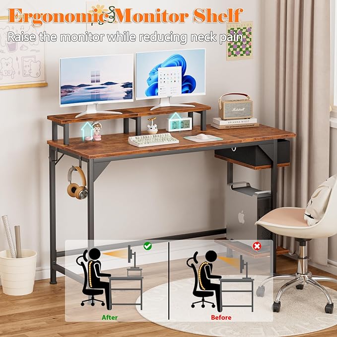 Furologee Computer Desk with Shelves and Fabric Drawer, 47" Home Office Gaming Desk with Monitor Stand, Reversible Study Writing Desk with Hooks, Rustic Brown - LeafyLoom