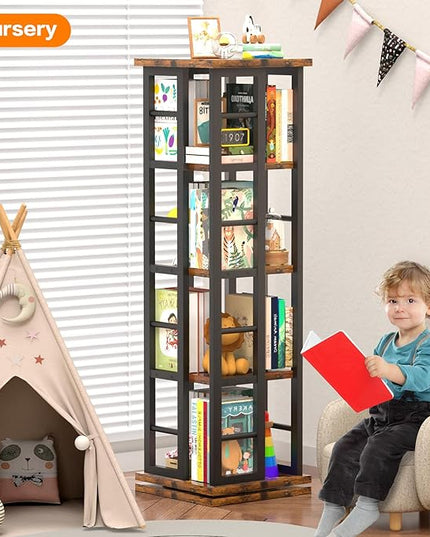 EasyCom Rotating Bookshelf with Metal Frame, 360 Display Wood Revolving Bookcase, 4-Tier Corner Bookshelf with Storage, Floor Standing Spinning Bookshelf for Living Room, Office, Brown - LeafyLoom