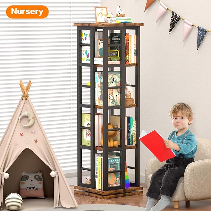 EasyCom Rotating Bookshelf with Metal Frame, 360 Display Wood Revolving Bookcase, 4-Tier Corner Bookshelf with Storage, Floor Standing Spinning Bookshelf for Living Room, Office, Brown - LeafyLoom